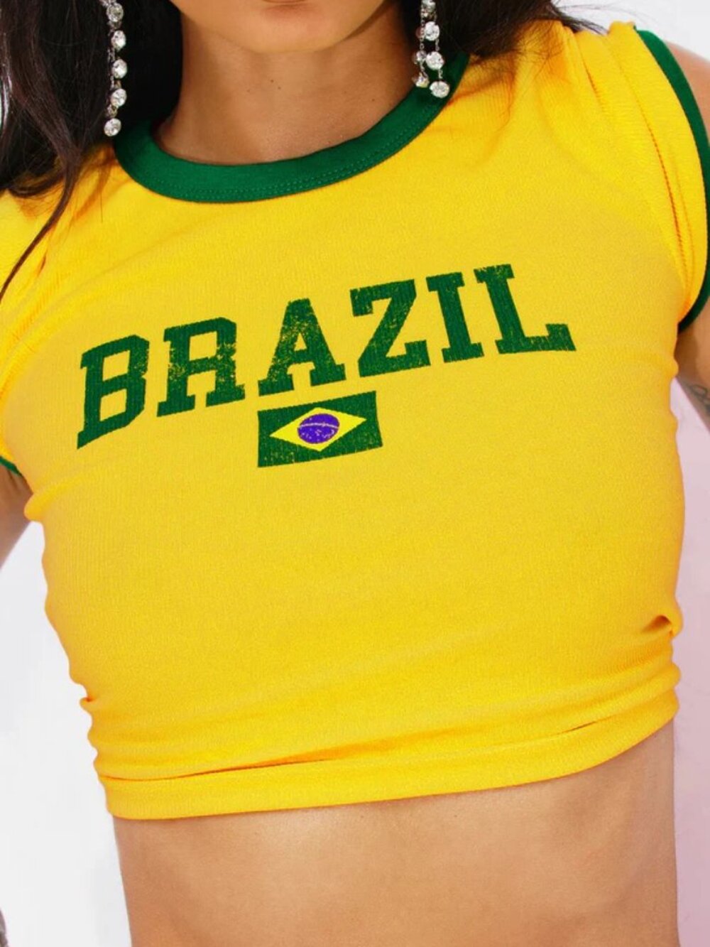 Fashion Nova Yellow Brazil Baby Tee with Green Trim